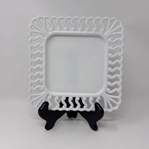 Vintage White Milk Glass Square Plate with Openwork Lattice Edge